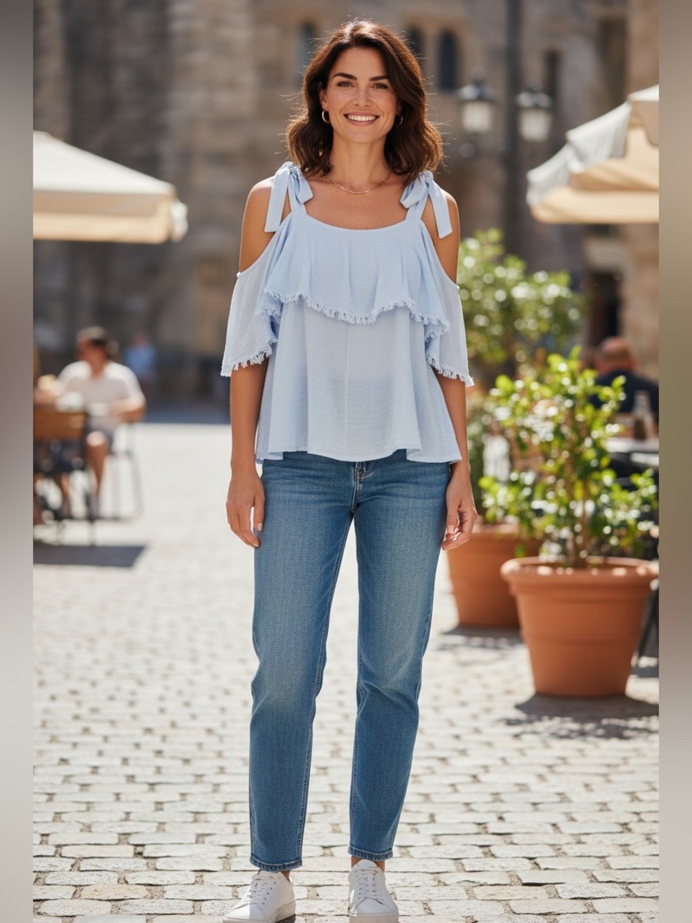Eesome Light Blue Off-the-Shoulder Ruffle Top | Tie Strap Boho | NWT